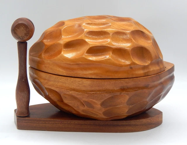 Vintage Nut Cracker Set Kiln Dried Monkey Pod Wooden Walnut Shaped Bowl