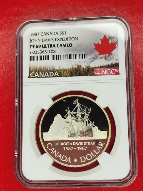 1987 Ngc Pf69 Ucam Canada Silver Dollar John Davis Expedition $1 Ultra Cameo