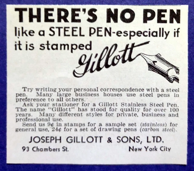 1933 Gillott & Sons Steel Pen Vintage Print Ad No Pen Like a Steel Pen 2.5 x 2.2