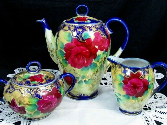 Nippon Red Roses Cobalt Blue Raised Gold Teapot Creamer Sugar Set