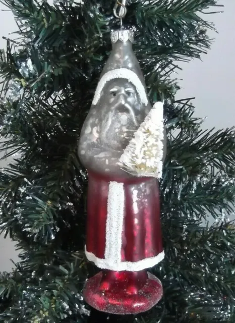Ragon House Red Gray Glass Belsnickle Santa w/bottle brush tree ornament, NWT