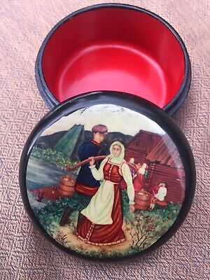 Vintage Round Metal Russian Hand Painted Black Lacquer Trinket Box.