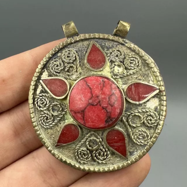 Unique Rare Ancient Roman Brass Pendant With Coral Stones