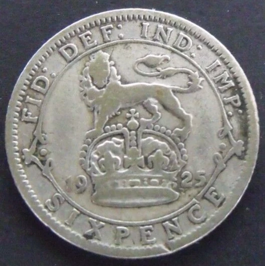 1925 GEORGE V SILVER SIXPENCE  ( 50% Silver )  British 6d Coin.   702