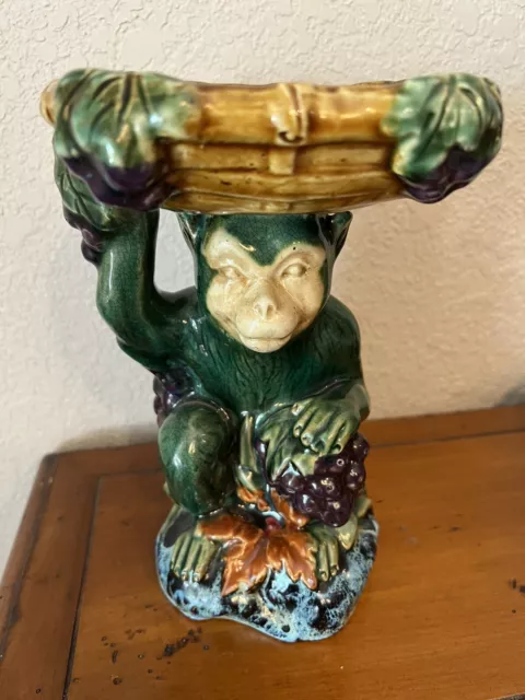 Vintage Majolica Monkey Chimpanzee Pedestal Compote Dish/Bowl/Basket & Grapes