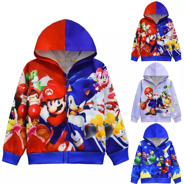 Kinder Jungen Super Mario Igel Druck Kapuzenpullover Jacke Mantel Sweatshirt Zip