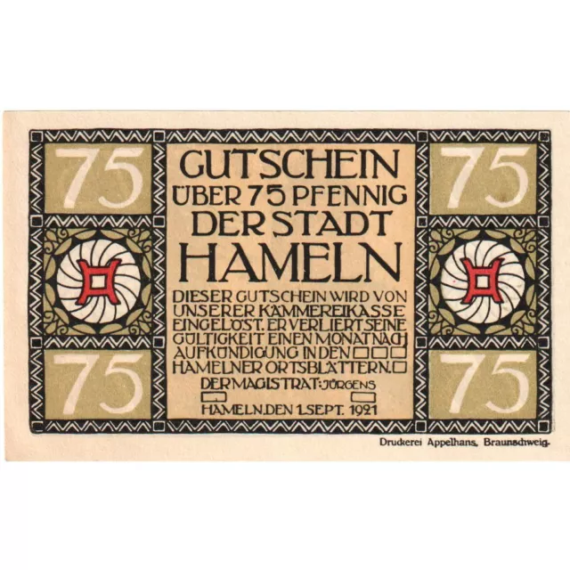 [#329702] Geldschein, Deutschland, Hameln Stadt, 75 Pfennig, tour, 1921, 1921-09