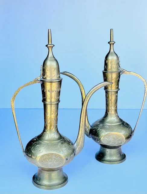 Set of 2 Vintage Brass Genie Teapots/Pitchers Made in India Ornate Etched