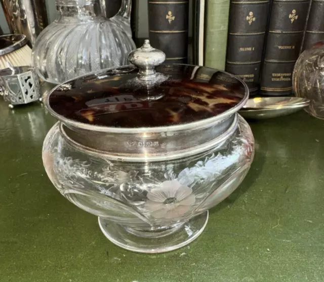Big Faux Tortoiseshell/Hallmarked Silver/Etched Glass Dressing Table Jar 1923