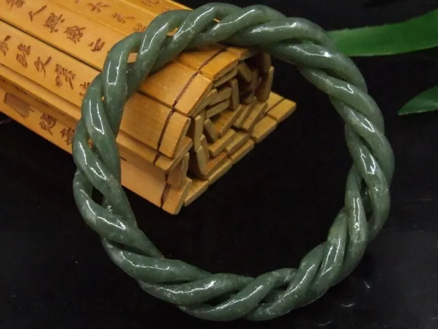 Antique Chinese Nephrite Celadon-HETIAN-OLD green Jade Twisted wire Bracelets