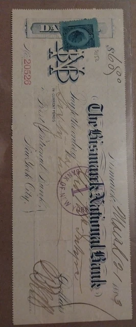 1883 Bizmark National Bank signed check with stamp