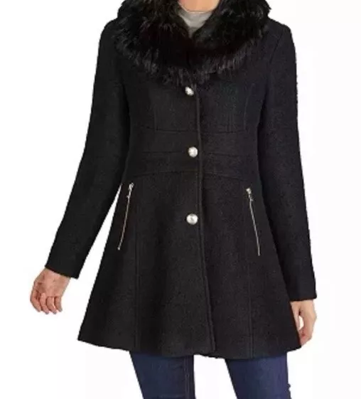 Women’s GUESS Black Faux-Fur Collar Double Breasted Skirted Coat Size S NWT