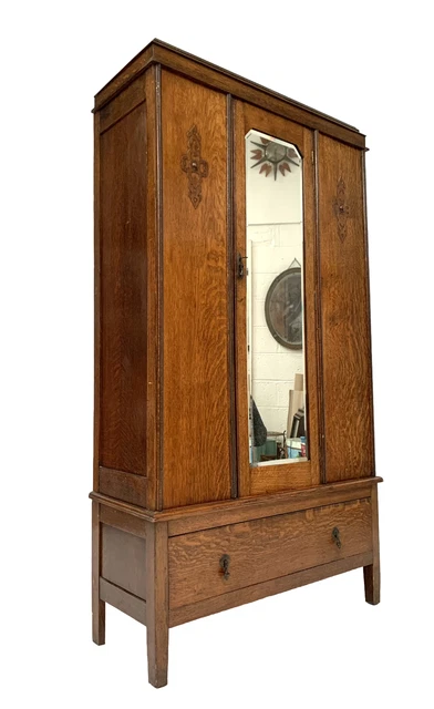 VINTAGE ANTIQUE OAK MIRRORED NARROW SINGLE WARDROBE DRAWER c1930s ARTS & CRAFTS