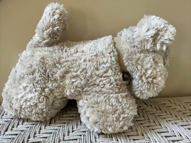 Pottery Barn Faux Fur Doodle Dog Pillow Goldendoodle Collar w Bell Neutral NWT