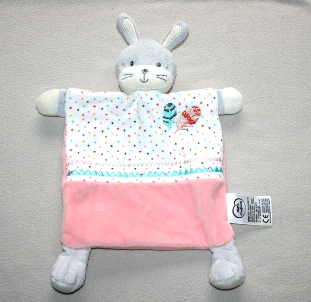 Mots D'enfants Doudou Lapin Plat Rose Blanc Gris Plumes Pois Etat Neuf