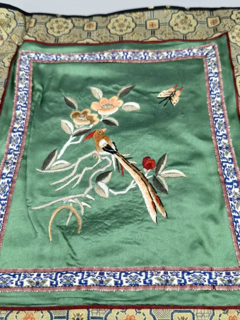 Vintage Chinese Silk Flower Floral With Elegant Bird Embroidery Panel 11x12in”