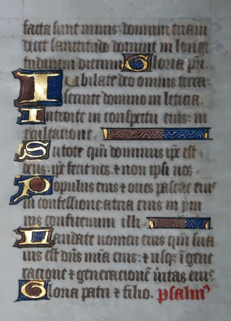 Exrare 1430 Illuminated Bible Vellum Leaf 14 Gold Initials Book Of Hours Psalms
