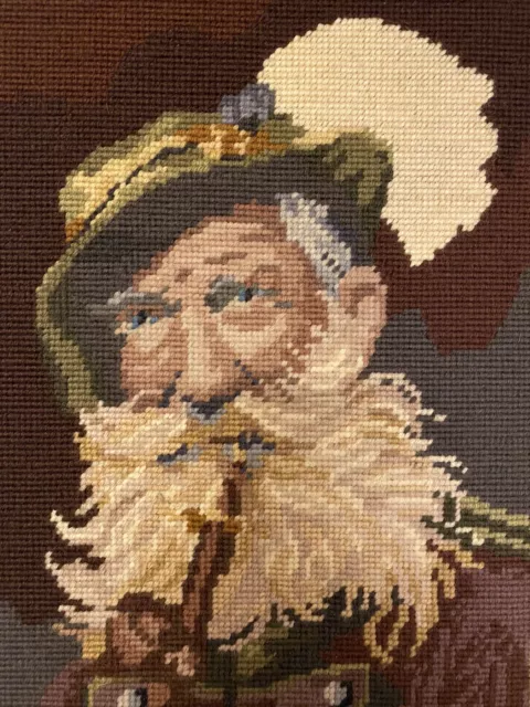 Vintage Needlepoint Finished Framed Old German Man Beard Smoking Pipe Wall Decor
