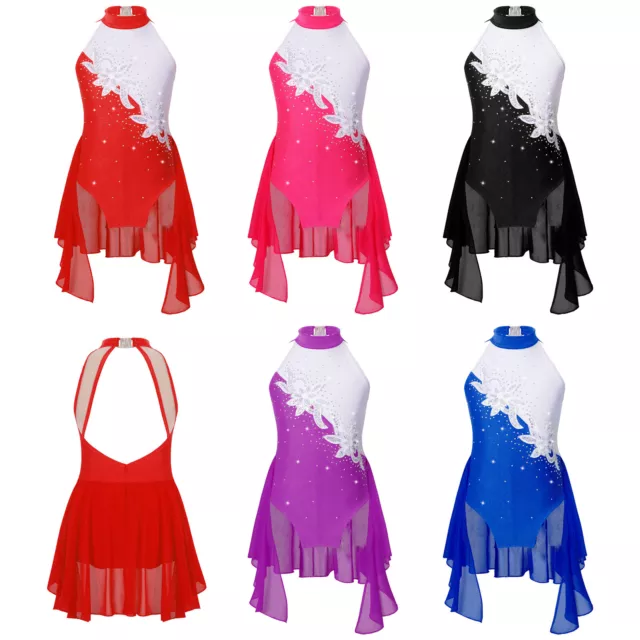 Girls Shiny Sequin Gymnastics Leotard Sleeveless Figure Ice Roller Skating Dress