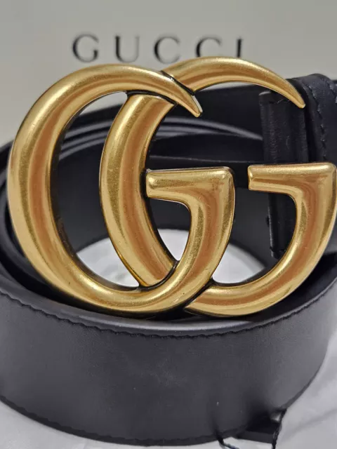 GUCCI Black Leather Belt Gold GG Sz 34/36 Marmont