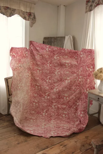 Antique French quilt bed cover c1830 pink bird basket floral Toile d' Alsace 3