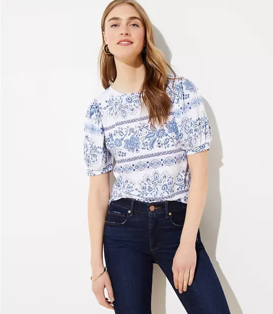 NWT LOFT Women's Garden Puff Sleeve Cropped Statement Tee - Blue - Size Large