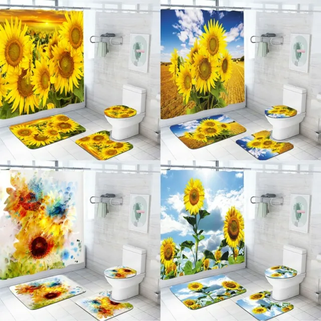 Beautiful Sunflower Art Shower Curtain Set Non-Slip Bath Mat Toilet Lid Cover