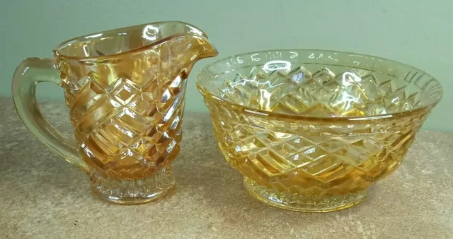 Vintage Art Deco, Iridescent Carnival Glass, Milk Jug or Creamer and Sugar Bowl