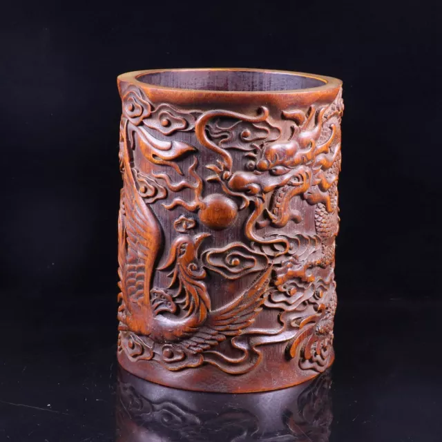 Collection Chinese Natural Bamboo Hand-carved Dragon Phoenix Statue Brush Pot 47