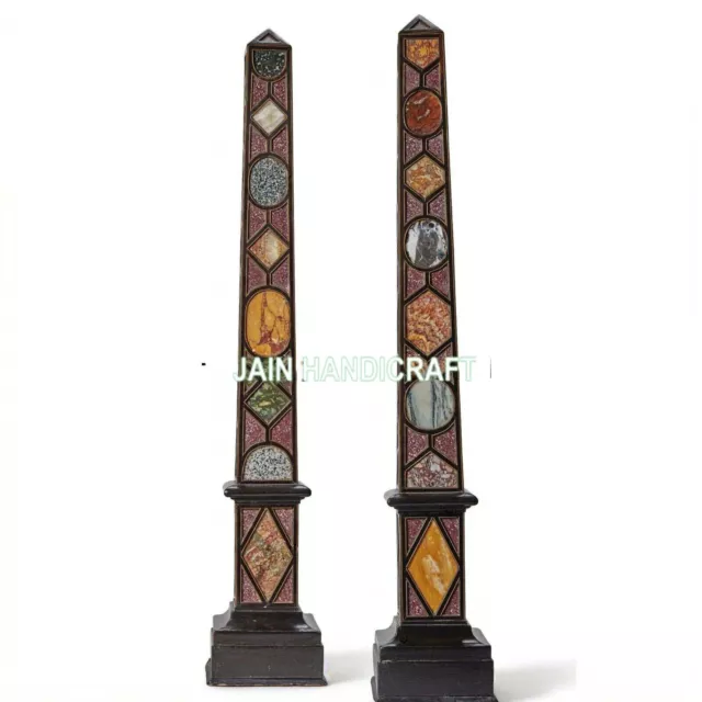 20" two black Marble Obelisk Pietra Dura Inlay home decor dining room antique