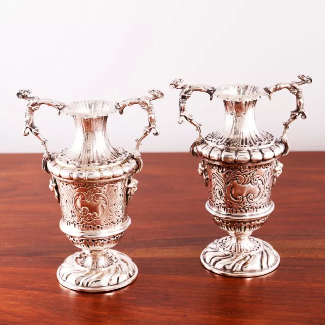 2 Superb German Hanau Silver Rococo Revival Footed Vases Antelope Handles