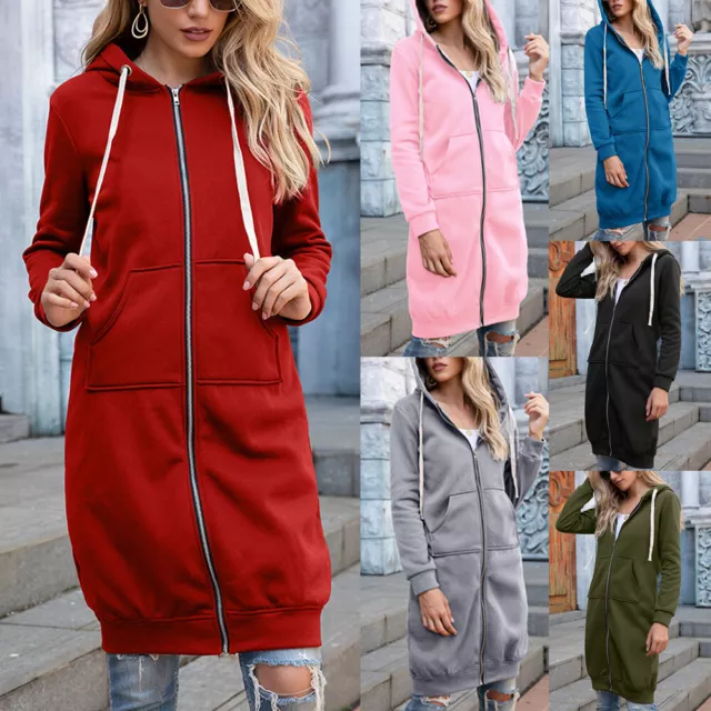 Women Ladies Long Hooded Hoodie Zip Up Pocket Jumper Fleece Coat Sweatshirt top-