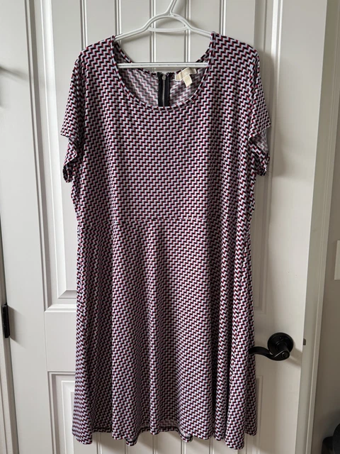 Michael Kors Fit & Flare Skater Dress Sz 3XL ZigZag Print Short Sleeve Stretch