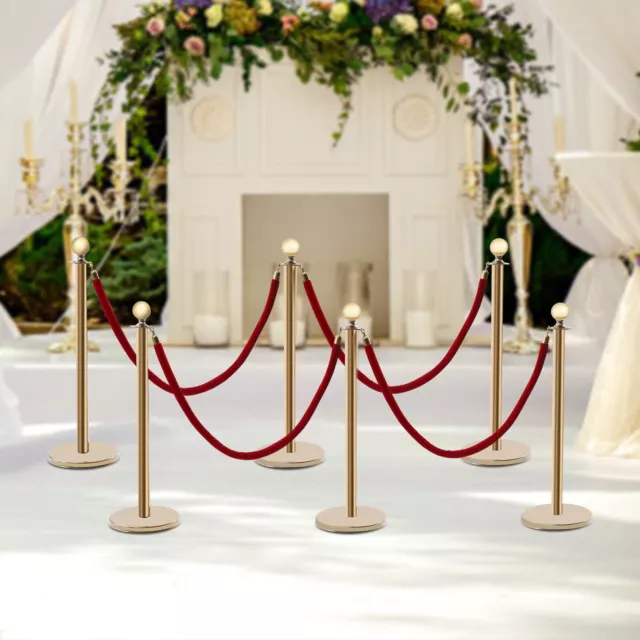 6 Pcs Quality Red Velvet Rope W/ Gold Stanchion Post Set For Red Carpet Events