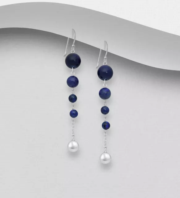 Long Dangle Hook Earrings 925 Sterling Silver Lapis Lazuli Gemstone Of Wisdom