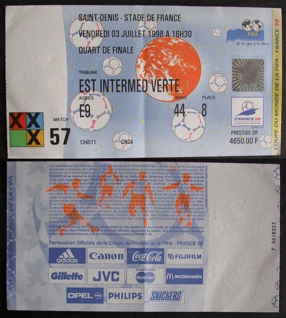 Billet France Brésil – Finale Coupe Du Monde 1998 – Ticket De Football Collector