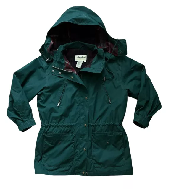 Vintage Eddie Bauer Parka Jacket Zip Removable Hood Wool Plaid Lining Women’s M