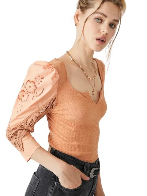 Free People NWOT Brunch Date Orange Blouse Shirt Lace Insert Sleeves Size S 8 10