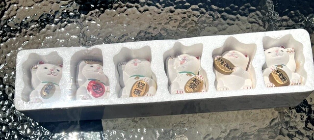 Six (6) Good Fortune Lucky Cat Figurines Sealed in Plastic - 4" Tall - Ceramic