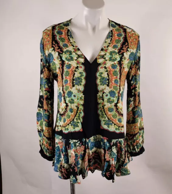 Free People Lovely Dreams Print Tunic Floral V Neck L/S  Boho Top Sz XS Pls Read