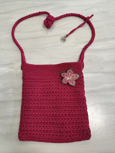 The Sak Crochet Pink Hobo Shoulder Bag Purse With Crocheted Flower Beautiful!