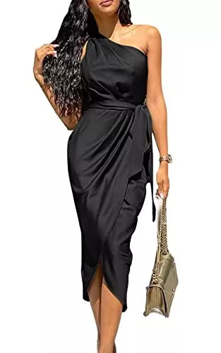 PRETTYGARDEN Womens Ruched Bodycon Dress Asymmetrical Sleeveless One (Black)