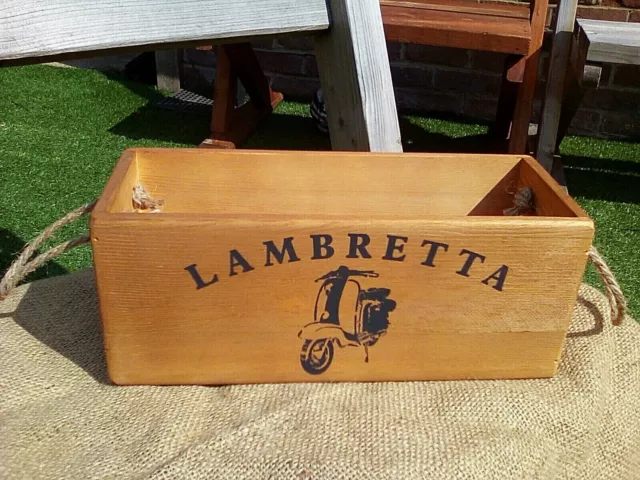 Vespa & Lambretta rustic wooden "scooter" storage box with rope handles . Gift.