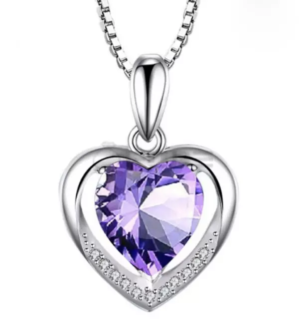 Purple 925 Sterling Silver Crystal Love Heart Pendant Necklace Jewellery Gift