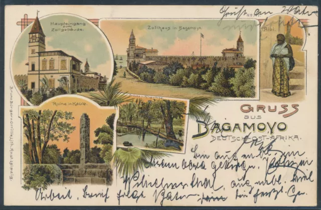 DOA Adler EF Litho-AK Gruß aus Bagamoyo 1898 ab Tanga Lauterbach Attest (S21580)