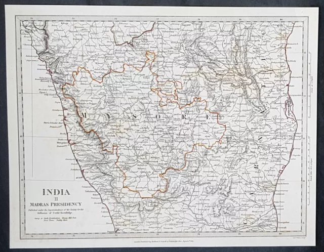 1833 SDUK Large Antique Map of British Madras Presidency, South & Eastern India