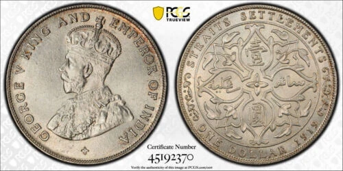 Straits Settlements, 1919 George V Dollar. PCGS MS 64. 6,000,000 Mintage.