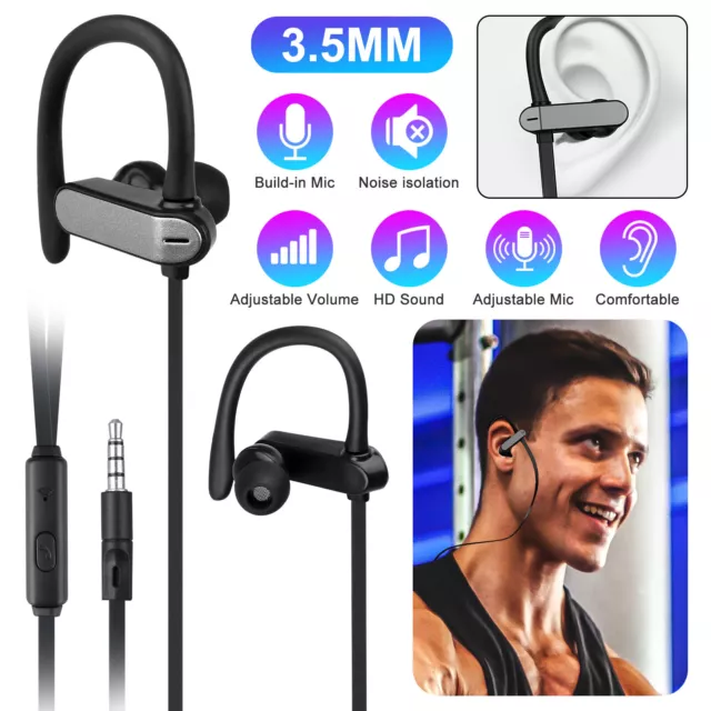 3.5mm Ear Hook Wired Sports Stereo Earphone Over Ear Earbuds Headphones w/Mic