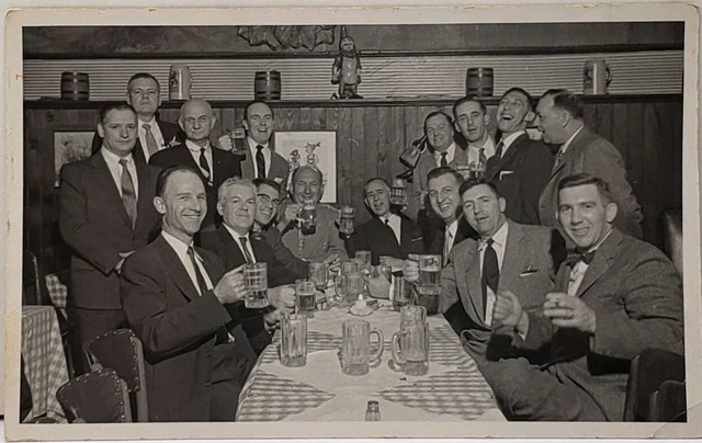 German Restaurant New York City 1957 Men Beer Mugs Steins Gnome Real Photo D18
