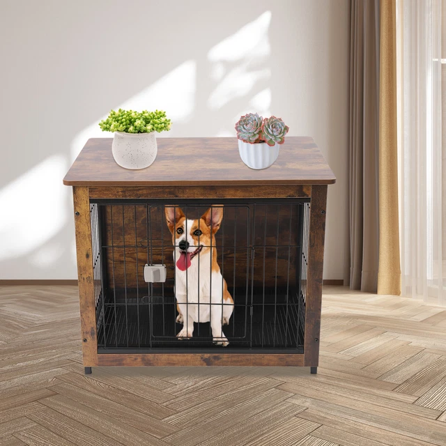 Hundebox Als Beistelltisch – Holz-Hundekäfig Mit Doppeltür & Plüschmatte Für Kleine & Mittelgroße Hunde (80,5 X 59 X 71,5 Cm)